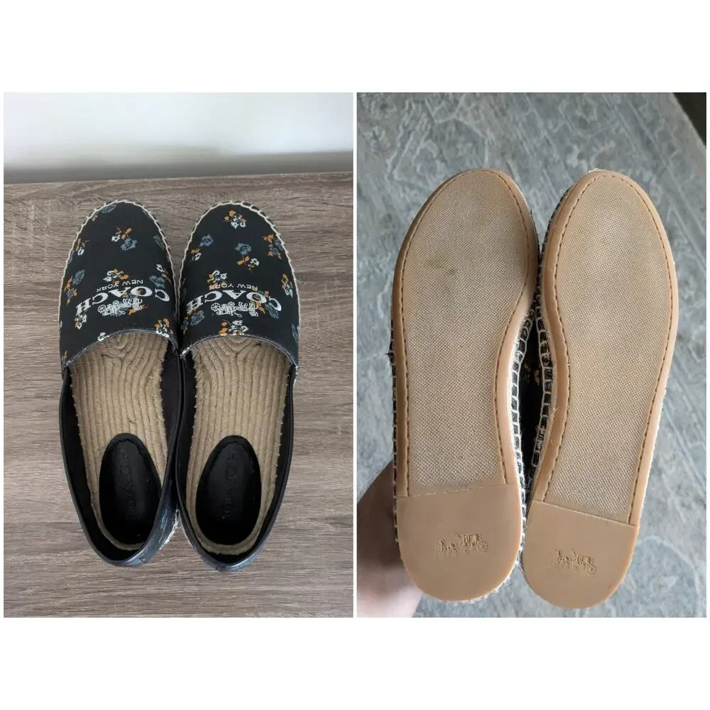 Coach Mila Coh Canvas Espadrille Womens 7.5B Black Floral Beachy Coastal Grandma